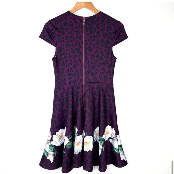 Ted Baker Floral Leopard Fit and Flare Pocket Purple Dress Size 3 - Picture 5 of 13